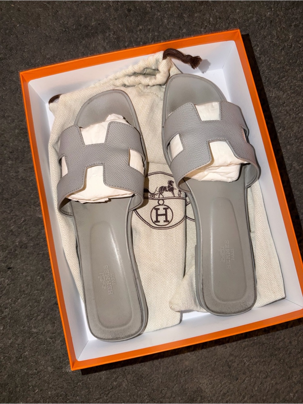 Hermes Gray Oran Leather Slide Sandals